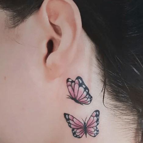 Black And Red Combo Butterfly Tattoo Design Behind the Ear