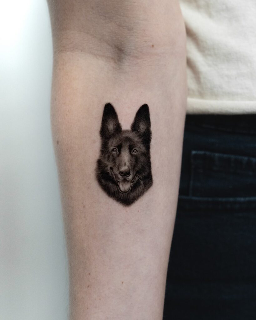 Black Color German Shepherd Face Tattoo Below the Inner Elbow: Under the Elbow Charm
