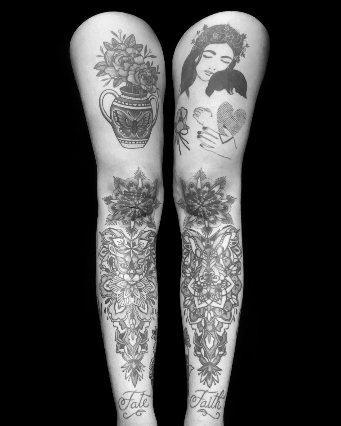 Black Floral Above The Knee Tattoo Design For Both Legs