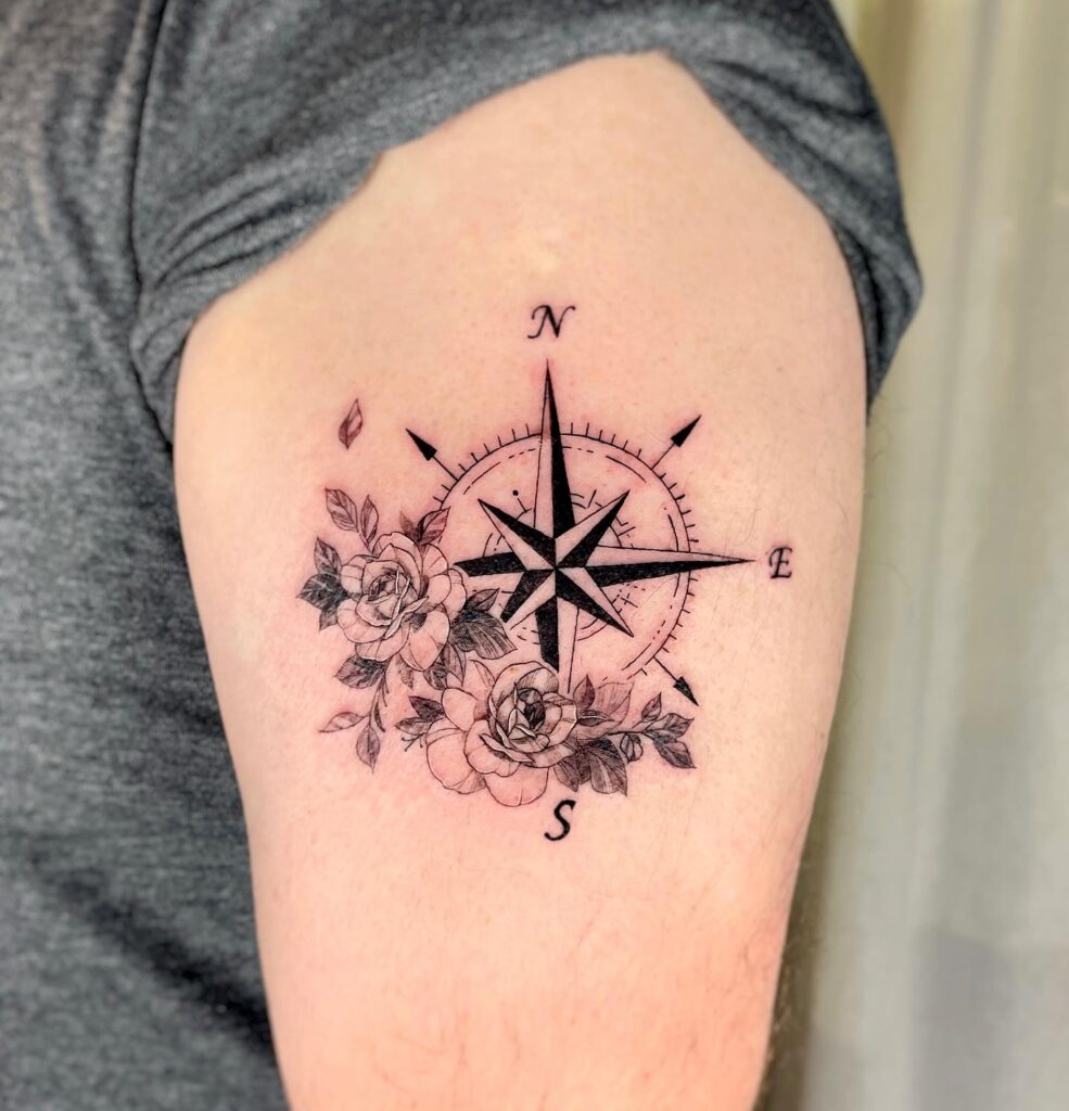 Black Line Compass Tattoo with Roses, Creating an Artful Arm Sleeve: Rose Compass Sleeve