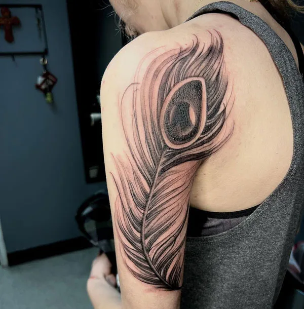 Black peacock feather tattoo