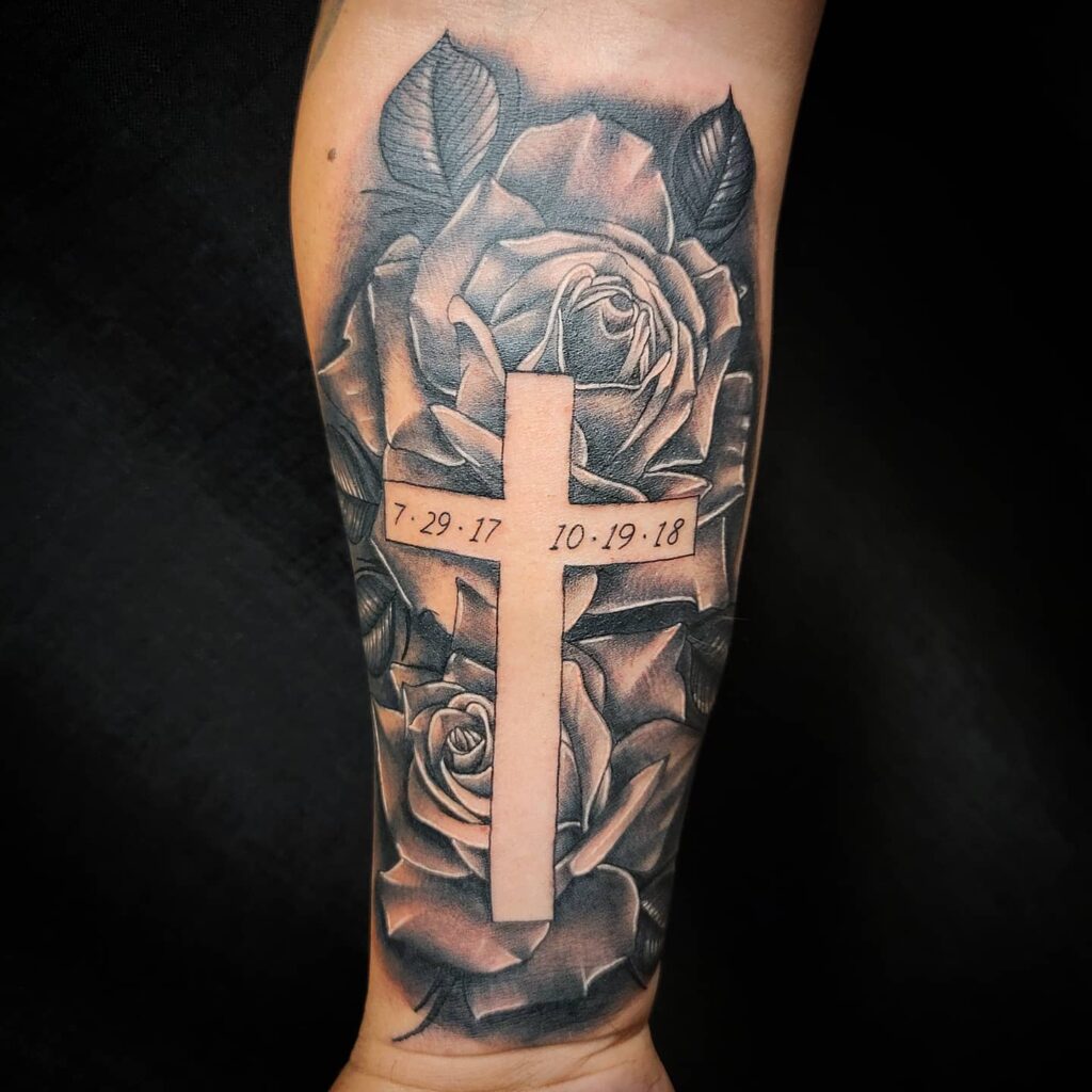 Black & White Cross and Roses Tattoo for Men