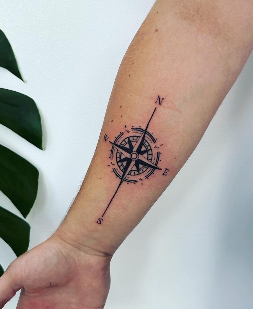 Black Work Compass Tattoo on the Forearm for a Timeless Look: Forearm Navigation