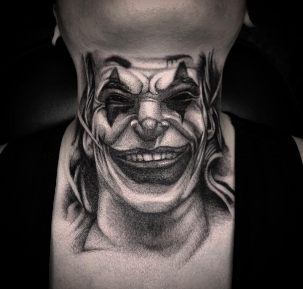 Black Work Joker Tattoo, Darkly Shaded, Making a Statement on the Front Neck: Neck Noir