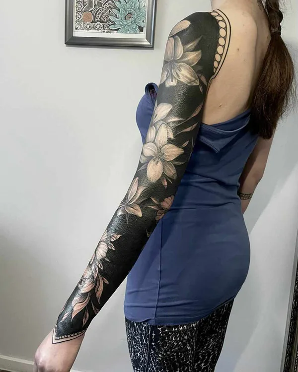 Blackwork Flower Sleeve Tattoo 1