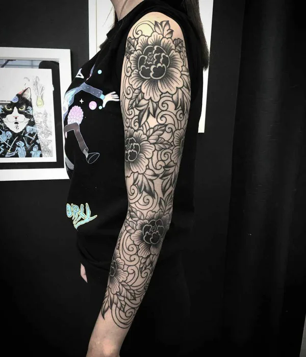 Blackwork Flower Sleeve Tattoo 2