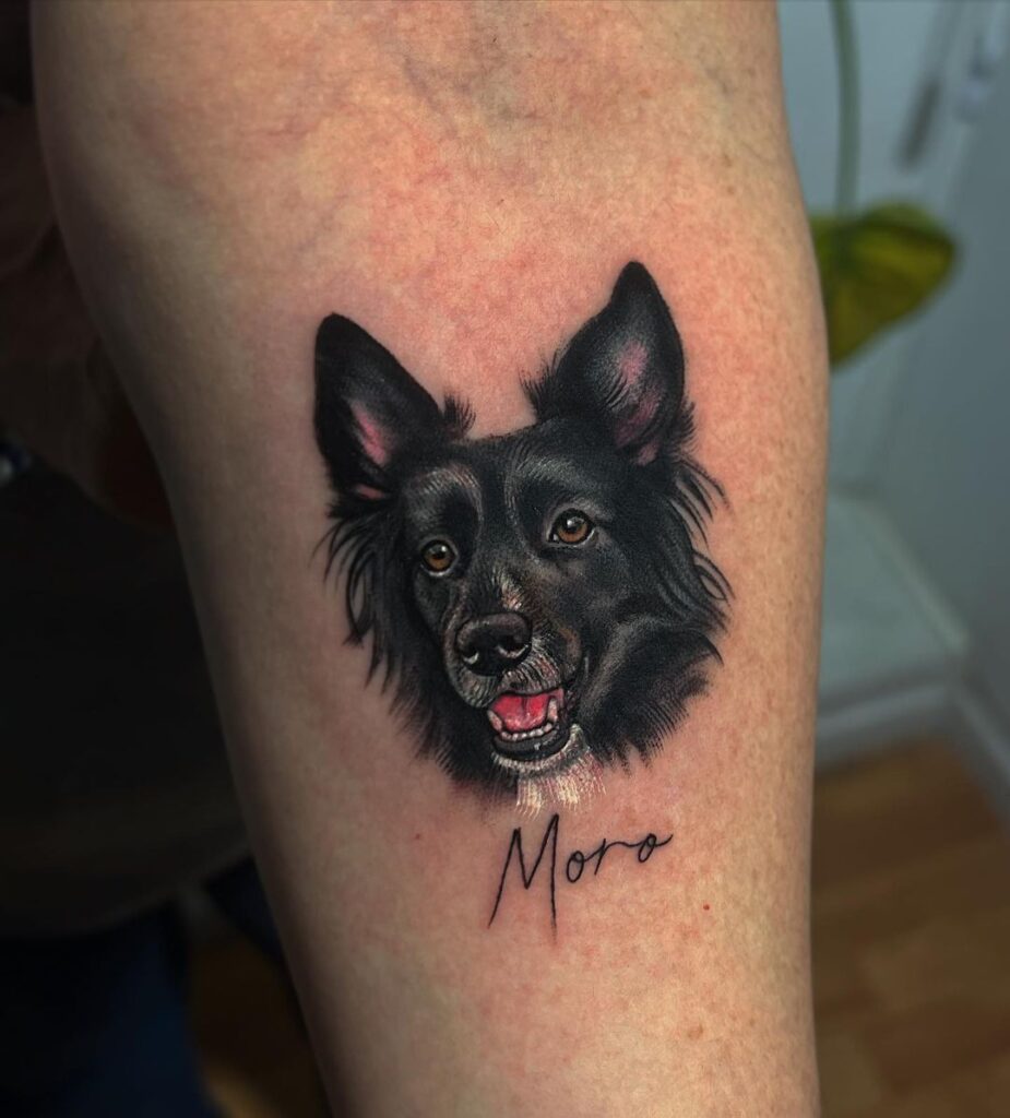 Blackwork dog face portrait with name moro on the forearm moros mark