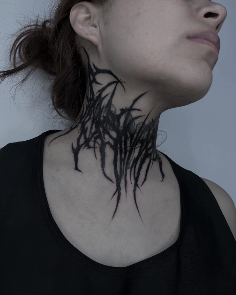Blackwork Thorn-Like Neck Tattoo Intense and Abstract Design