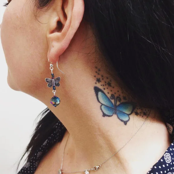Blue Butterfly Neck Tattoo 1
