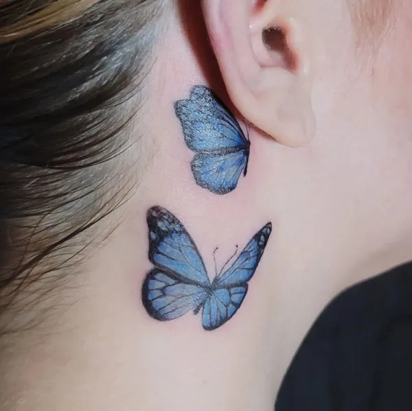 Blue Butterfly Neck Tattoo 2