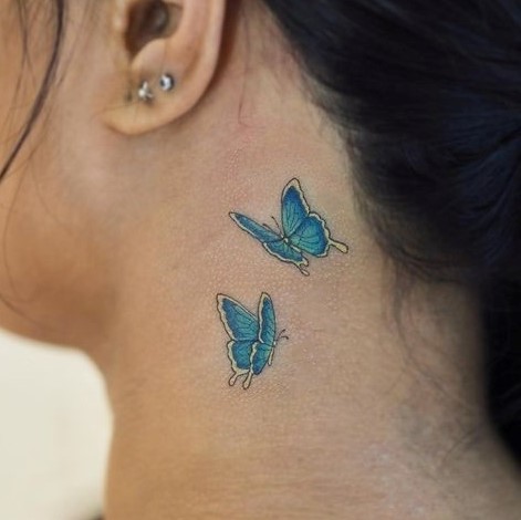 Blue Butterfly Tattoo Design Behind the Ear
