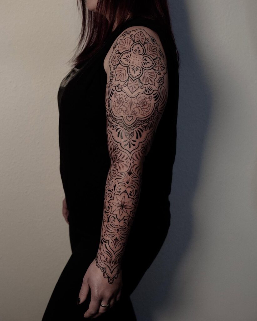 Bold mandala and ornamental sleeve with geometric floral designs for women