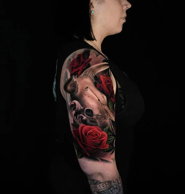 Bull Skull Tattoo with Flowers 1
