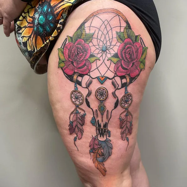 Bull Skull Thigh Tattoo 1