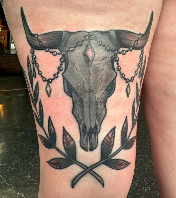 Bull Skull Thigh Tattoo 2