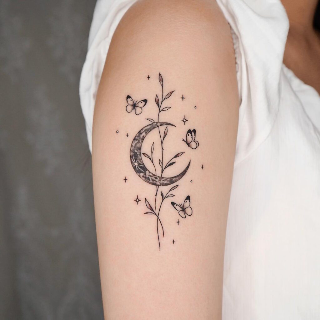 Butterfly Moon Leaf Tattoo Designs on Arm Enchanting Artistry