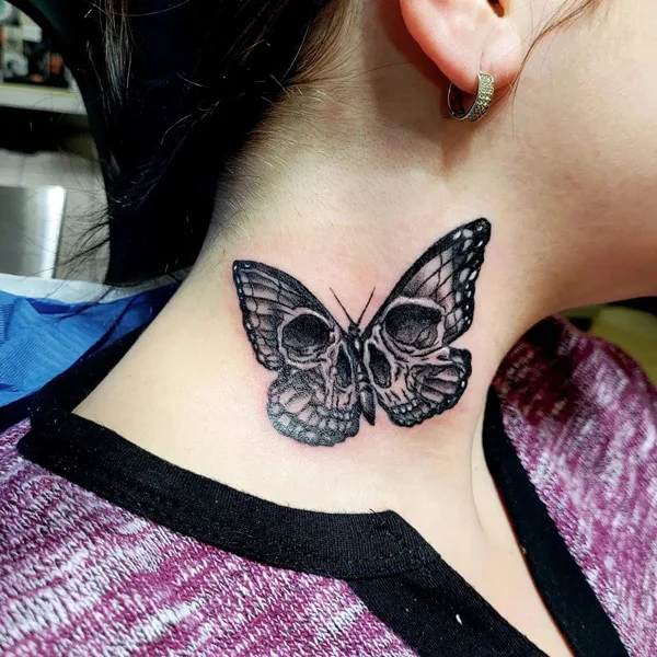 Butterfly Skull Neck Tattoo 1