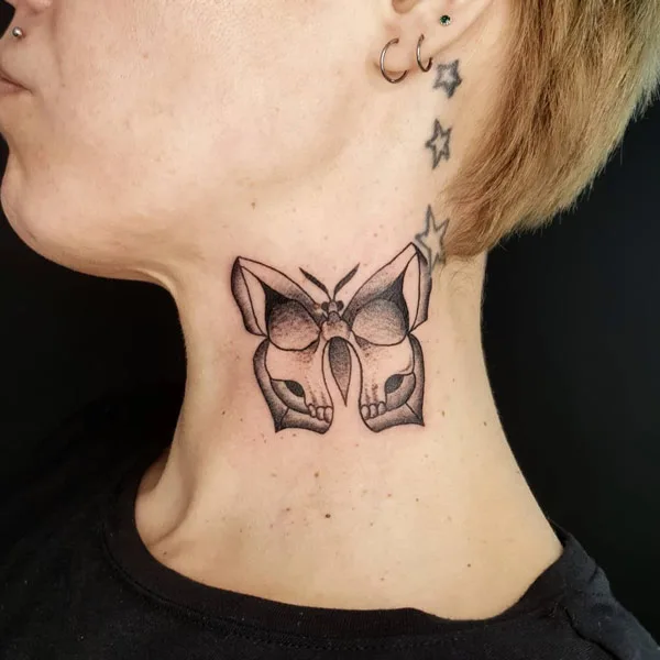 Butterfly Skull Neck Tattoo 2