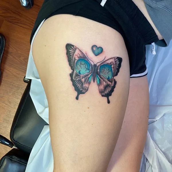 Butterfly Skull Thigh Tattoo 1