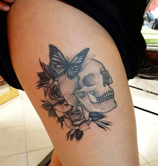 Butterfly Skull Thigh Tattoo 2