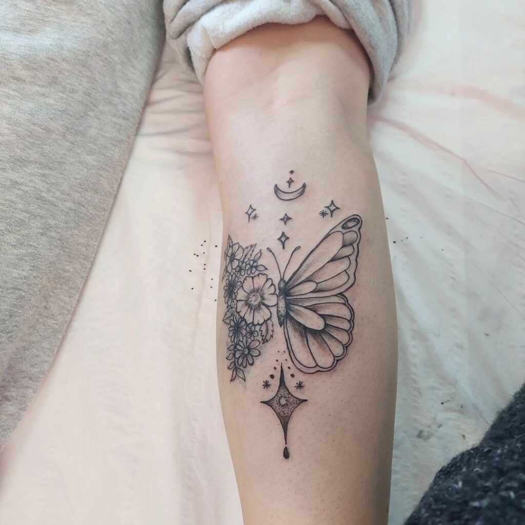 Butterfly, flowers, and stars creative calf tattoo design 