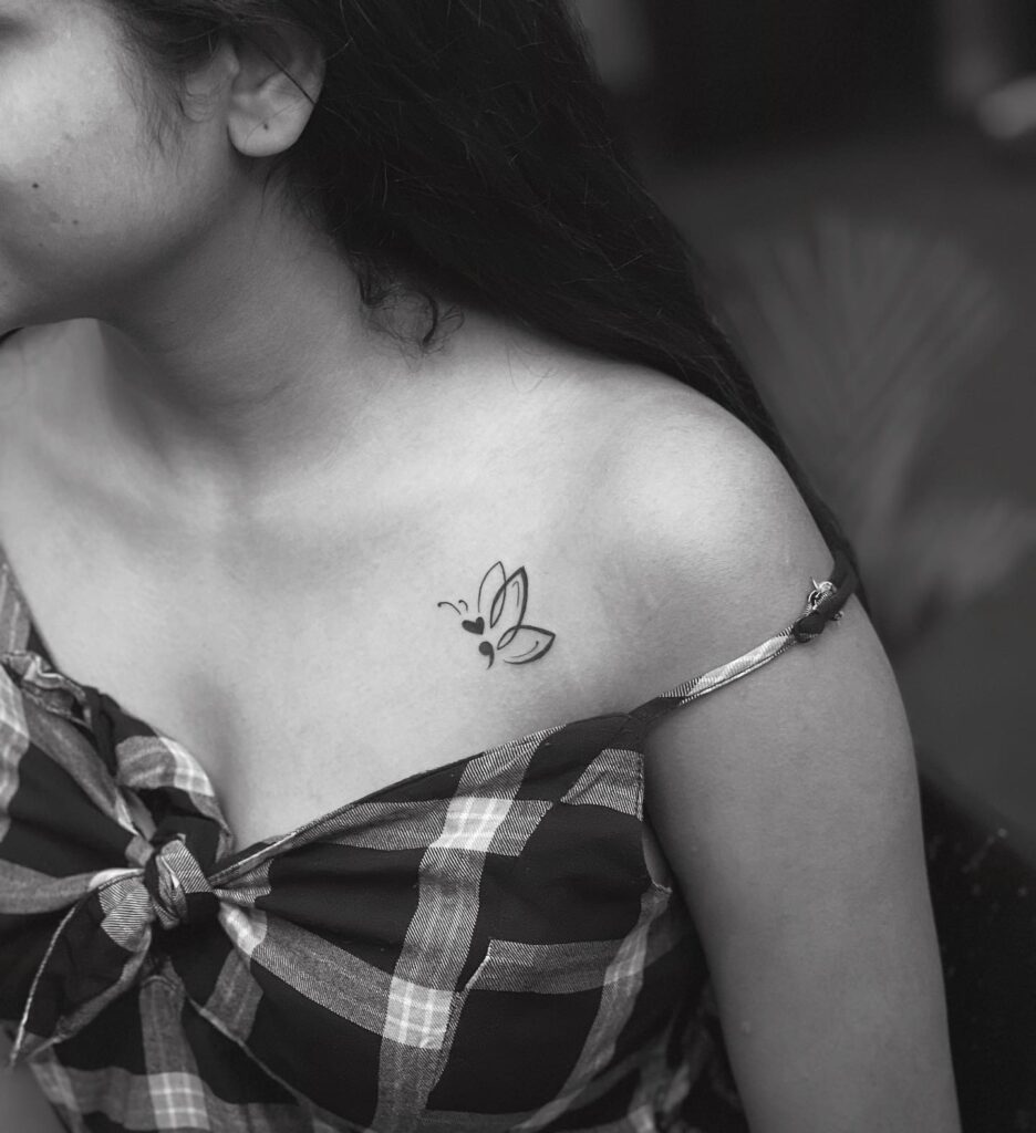 Butterfly Heart Semicolon Tattoo on the Collarbone: Fluttering Harmony