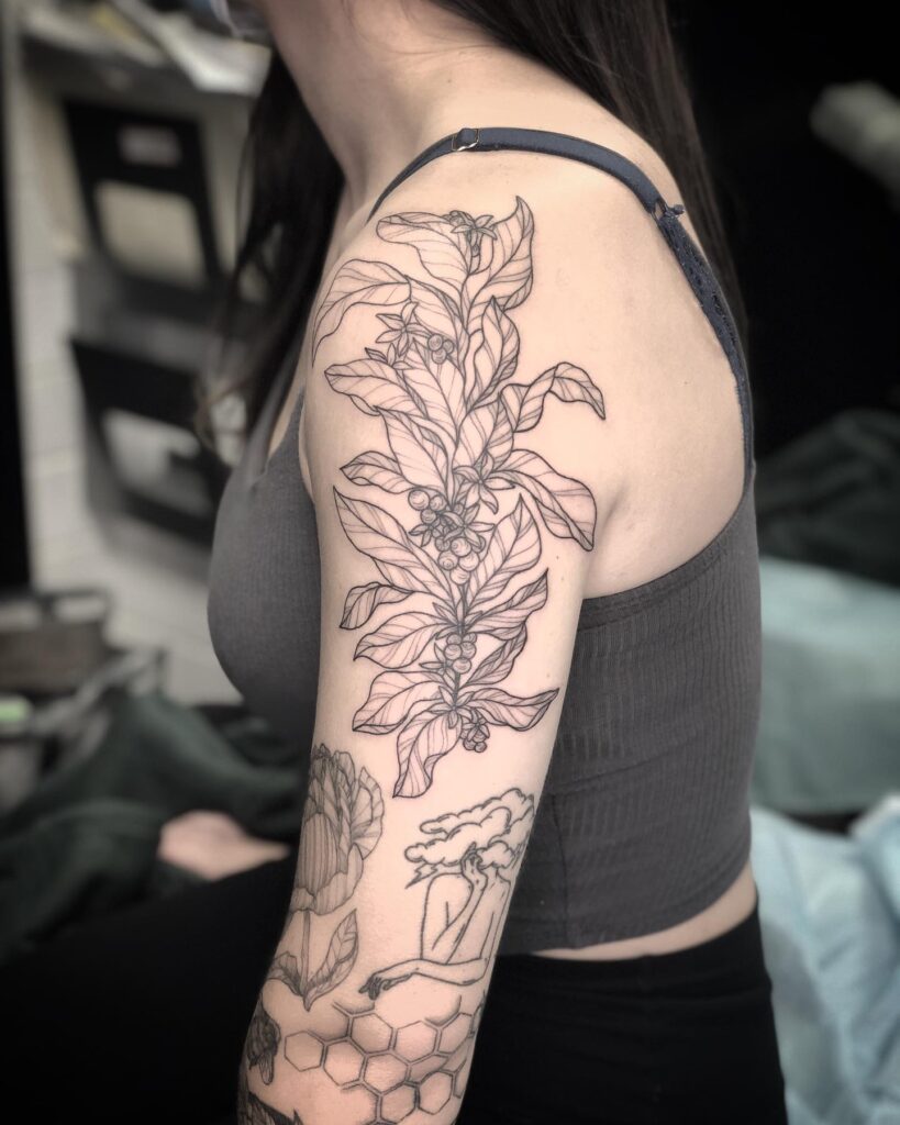 Caffeinated art unique outline half sleeve coffee branch tattoos for women