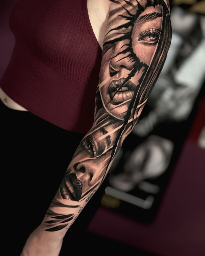 Cartoon-style Bugs Bunny sleeve tattoo with money theme