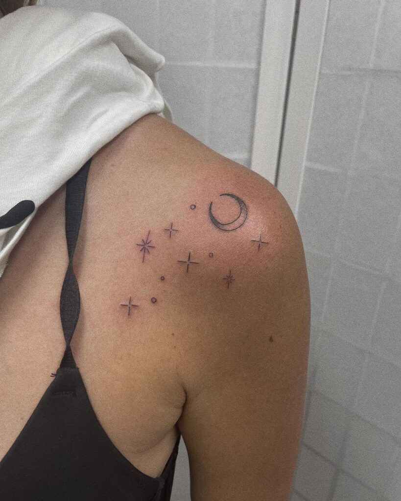 Celestial harmony little moon and stars shoulder tattoo for women