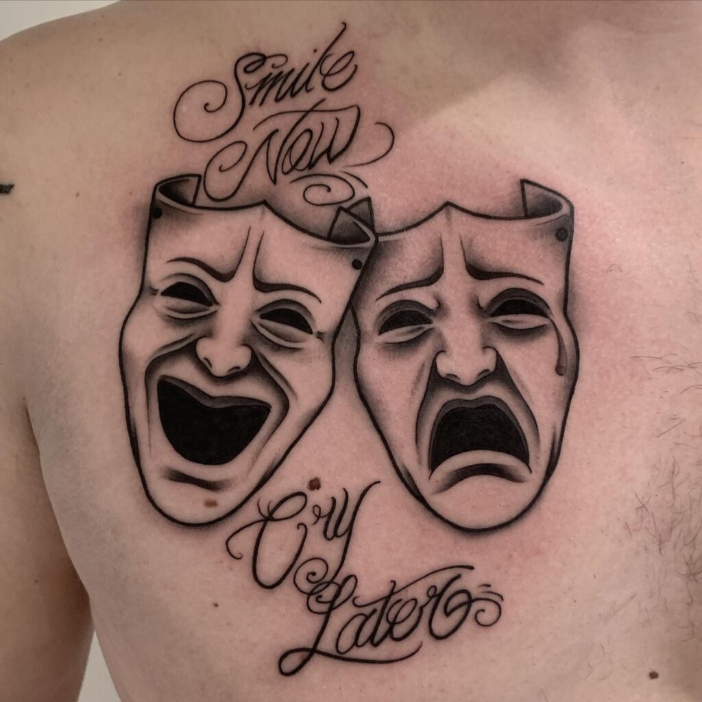 Chest Tattoo with Text Mens Laugh Now Cry Later Design 