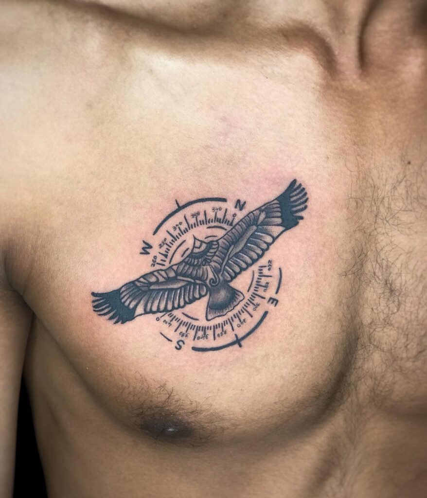 Chest Tattoo with Eagle and Compass Symbolizing Wisdom, Power, and Spirituality: Eagle's Wisdom
