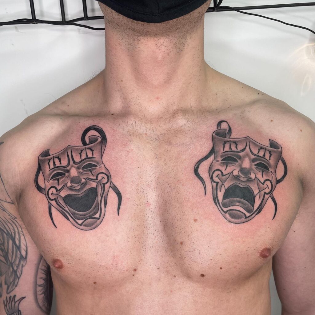 Chicano Style Chest Tattoo Comedy & Tragedy Masks Symbolizing Life 