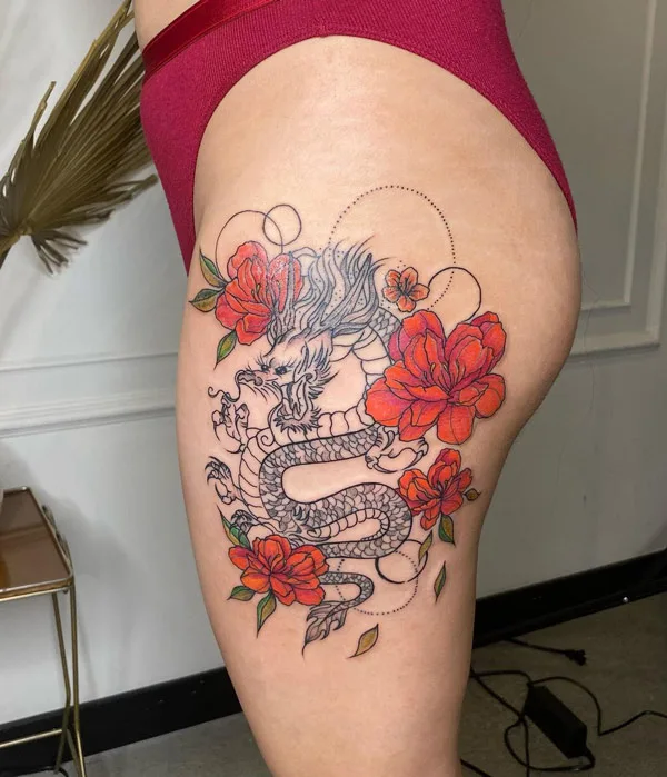 Chinese dragon tattoo on thigh 1