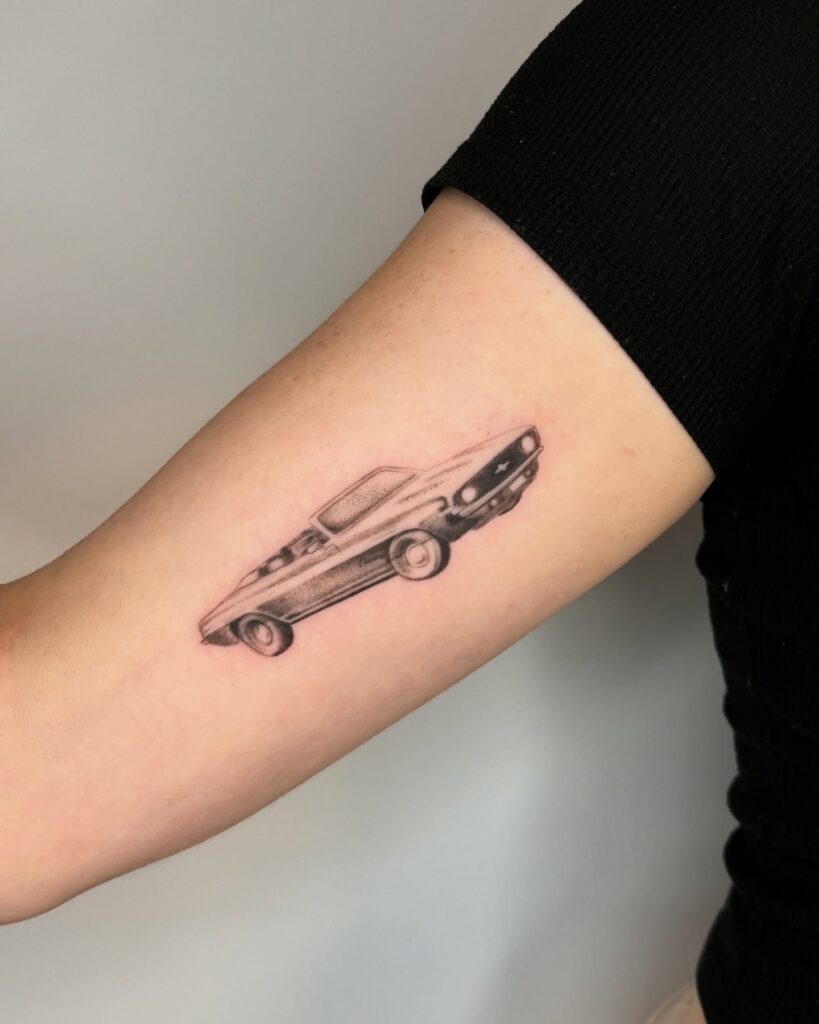 Classic 1969 Chevy Camaro ZL1 Convertible Tattoo with Realistic Shading on Inner Arm – Car Tattoo Ideas