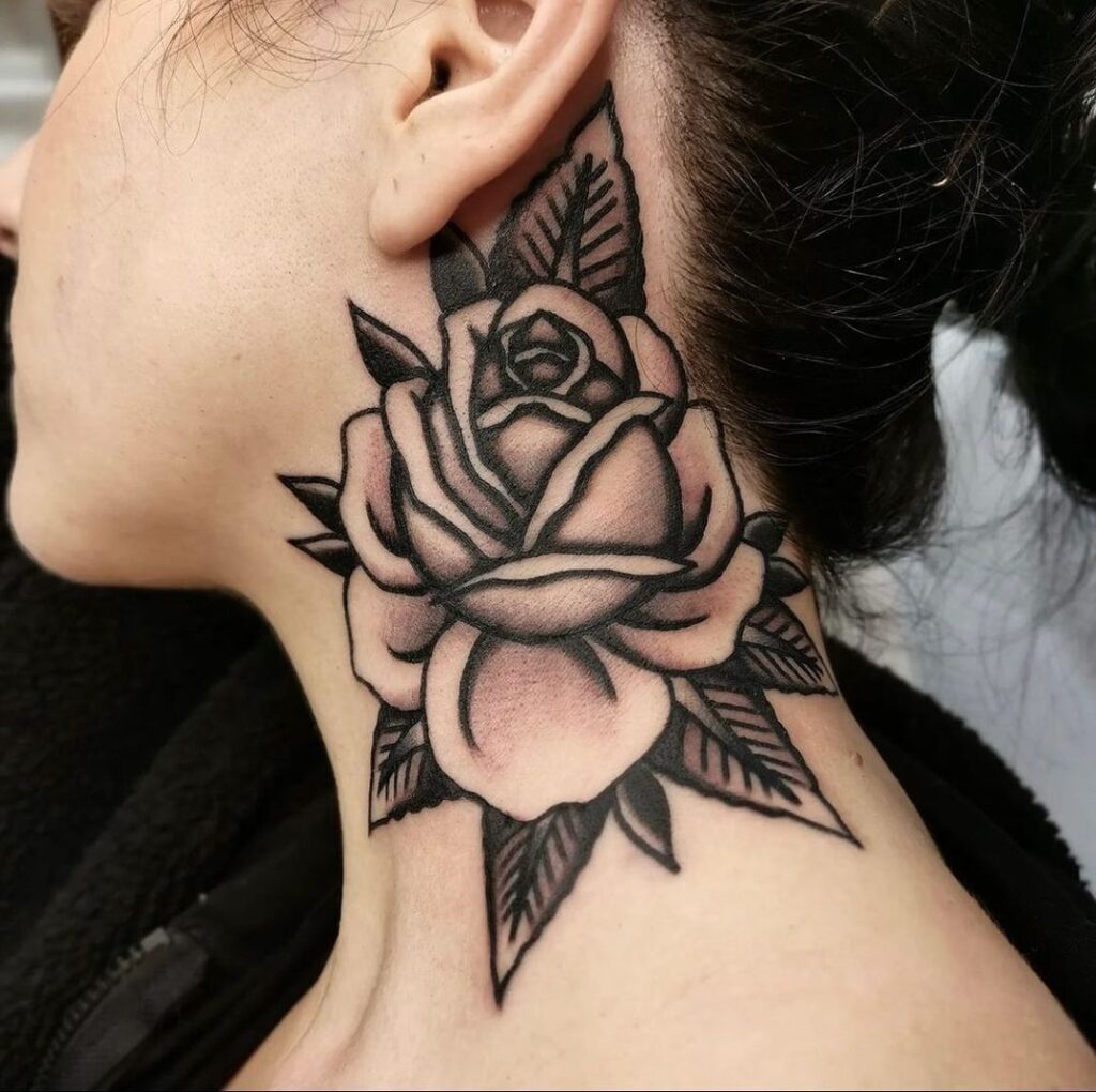 Classic and bold beauty big rose neck or behind the ear tattoo for women