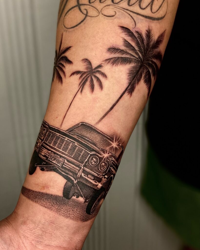 Classic Chevrolet Impala Lowrider Tattoo with Palm Trees and "Sophie" License Plate – Car Tattoo Ideas