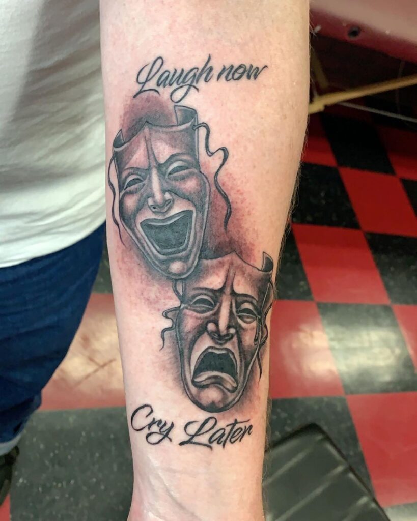 Classic hand tattoo laugh now cry later with text  timeless body art 