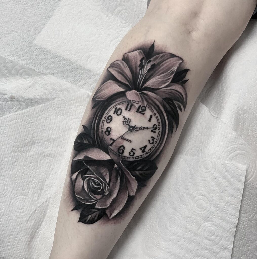 Classic Rose and Lily with a Middle Clock Realistic Tattoo on the Calf: Timeless Bouquet 