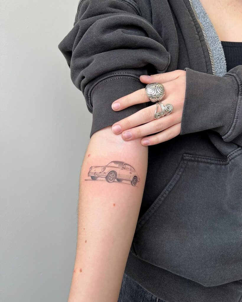 Classic Sport Car Line-Art Tattoo of Porsche 911 on Inner Forearm