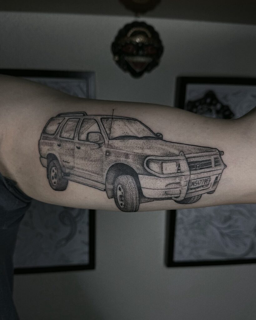 Classic Toyota Land Cruiser Prado Tattoo with Dotwork Shading on Inner Arm – Car Tattoo Ideas