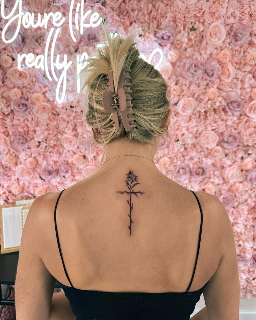 Classy Spine Flower and Cross Tattoo for Women Artistic Fusion