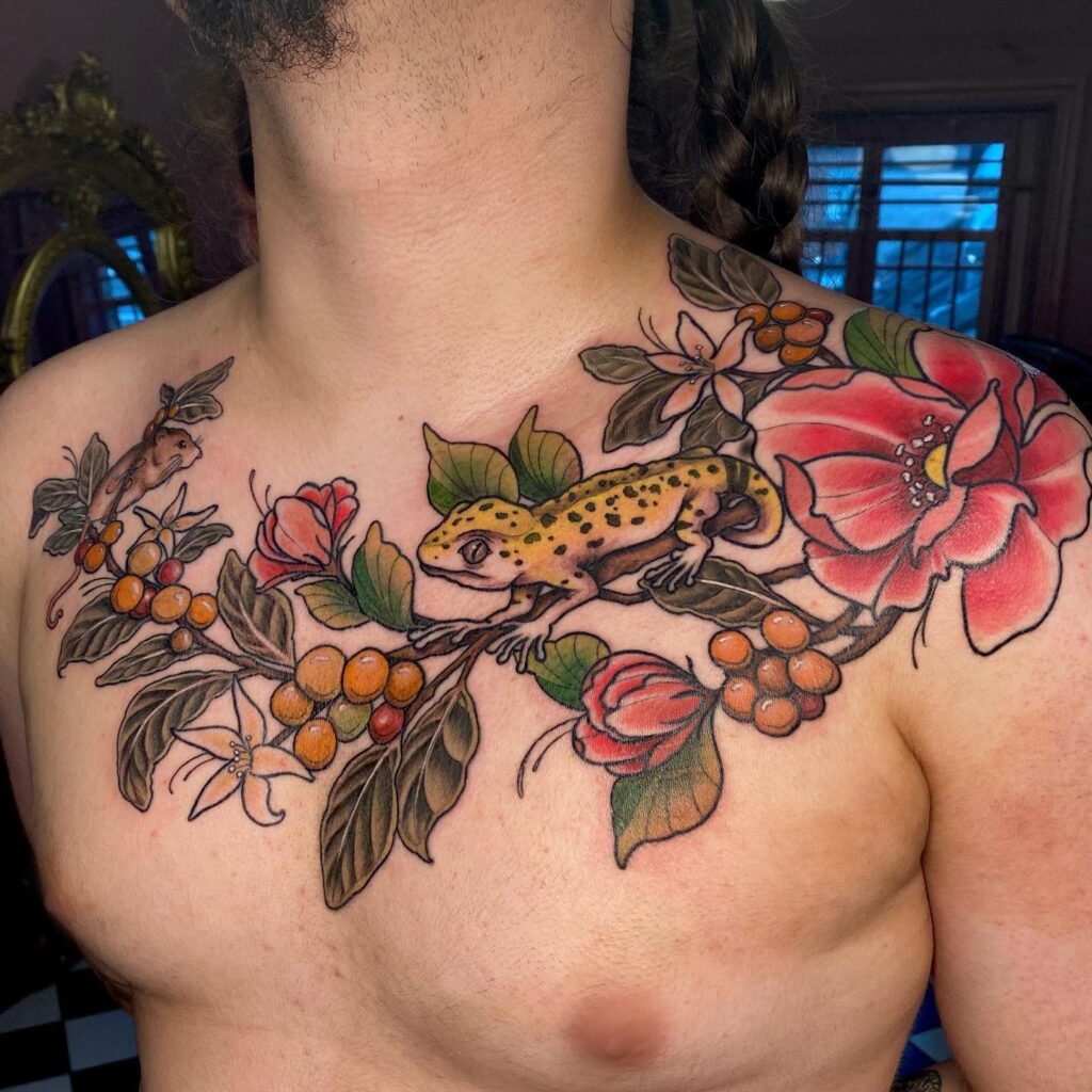 Stylish Colorful Coffee Plant Tattoo on the Chest