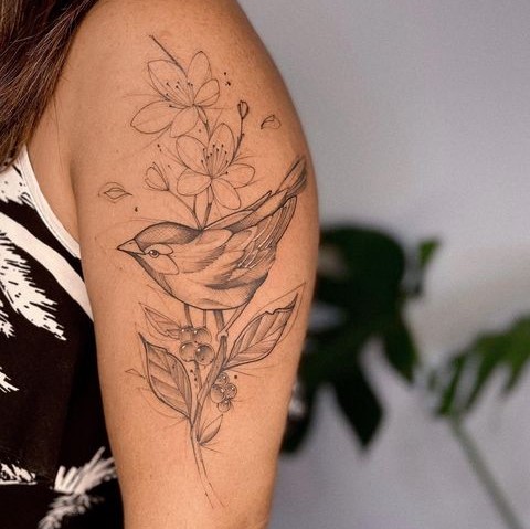 Coffee Plant Tattoo With Bird Sitting on It Design on Hands