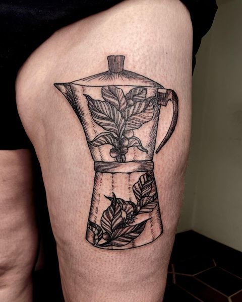 Coffee Pot Tattoo Design With Leaves in It on Thigh