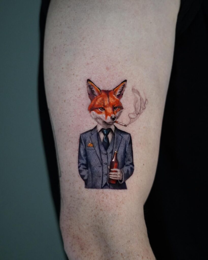 Color Micro Realism Tattoo with Cigarettes and Bottle on the Arm, Wearing a Coat: Gentleman Fox Elegance