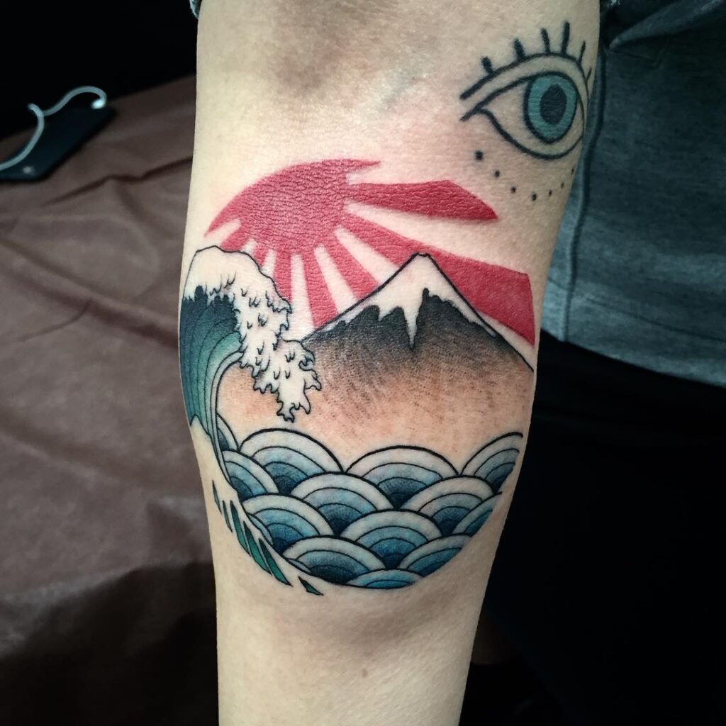 Colorful 3d Tattoo of Wave and Sun for Arm