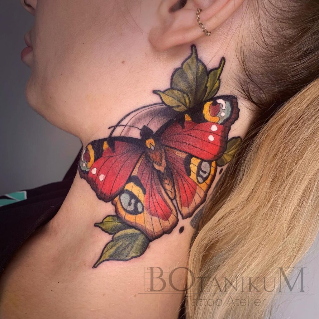 Colorful Butterfly Tattoo Designs on the Left Side of the Neck