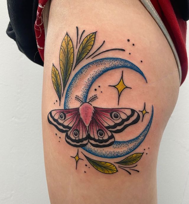 Colorful Cosmic Butterfly Tattoos on the Thigh With a Beautiful Crescent Moon and Stars