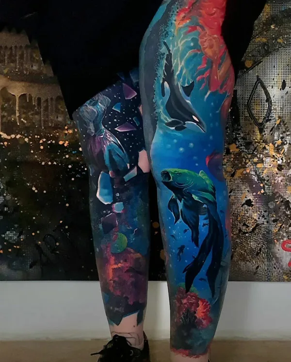 Colorful Leg Sleeve Tattoo