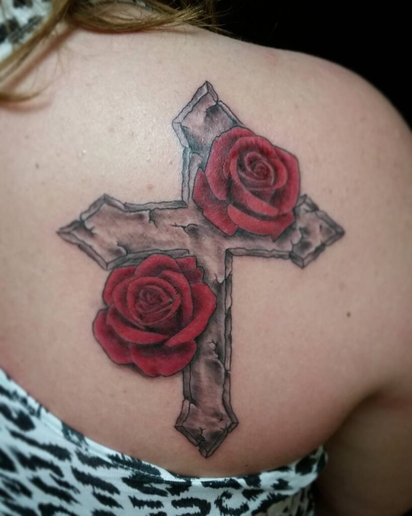 Colorful back shoulder cross with rose tattoo ideas lady's grace